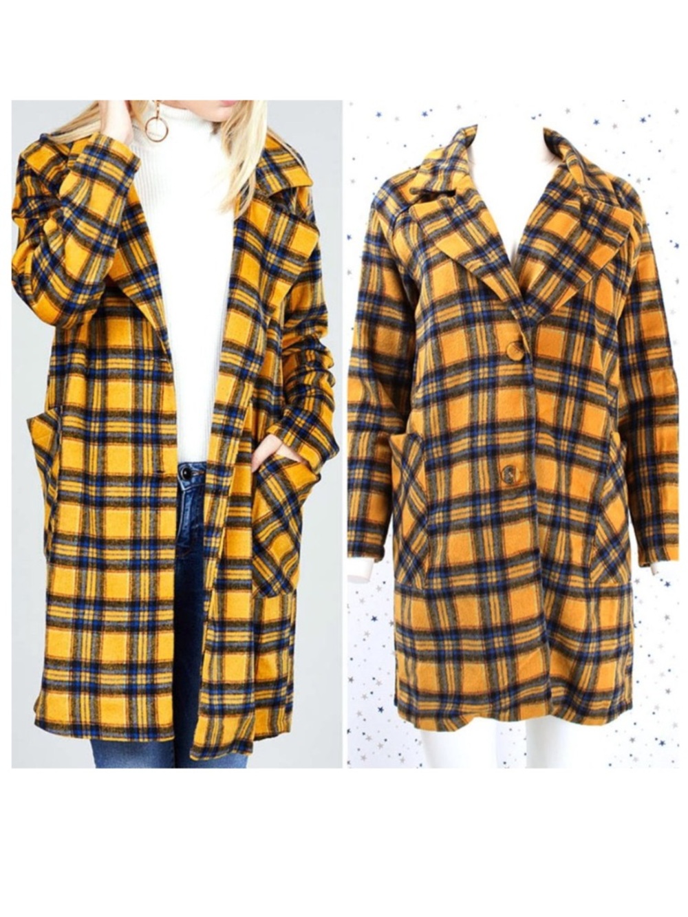 Active USA Yellow and Navy Plaid Trench Coat
